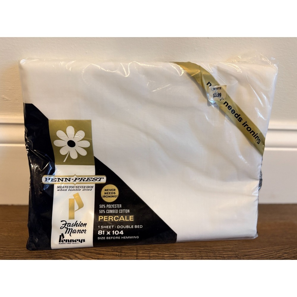 Penn-Prest Percale Penney's Solid White Color Double Bed Flat‎ Sheet 81" x 104"